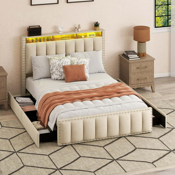 Uforic Full Size LED Upholstered Platform Storage Bed Frame with Drawers and Charging Station, Beige