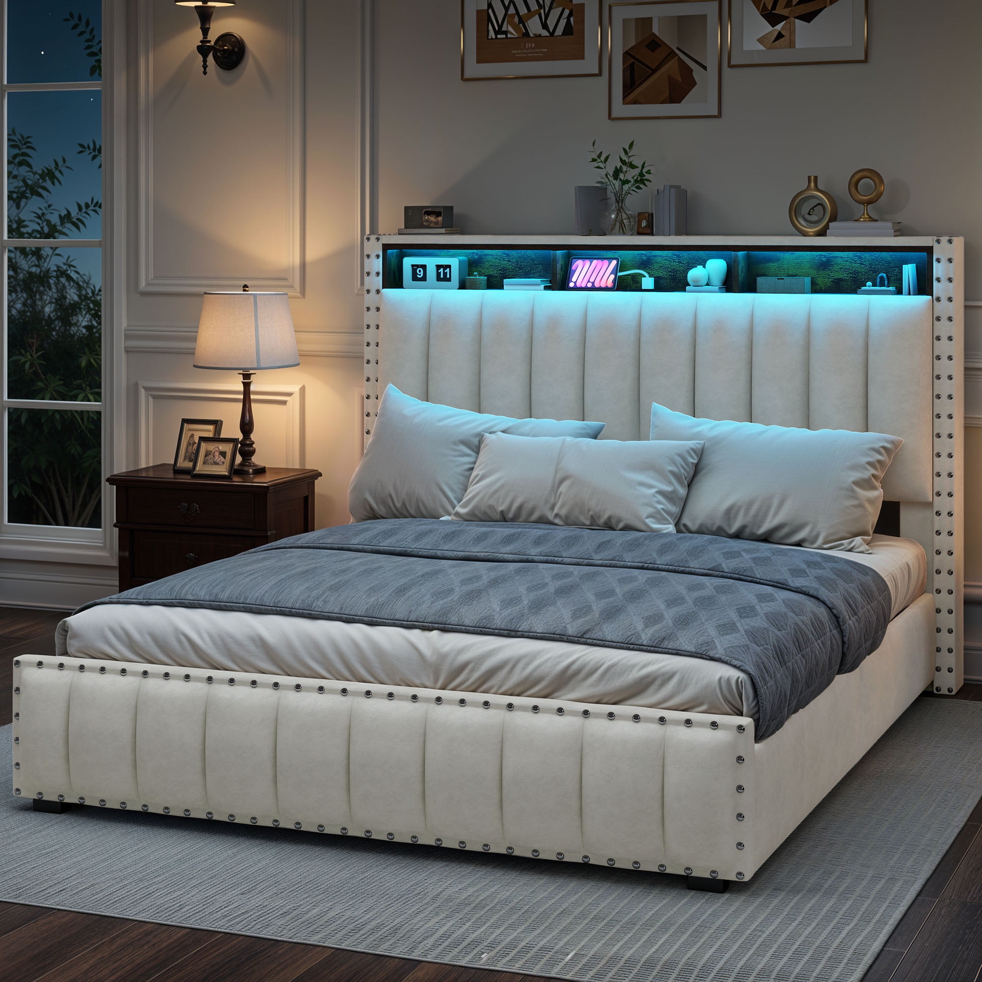 Uforic Full Size Lift Up Bed Frame with LED Lights & Power Outlets, Storage Bed with Upholstered Headboard, Beige