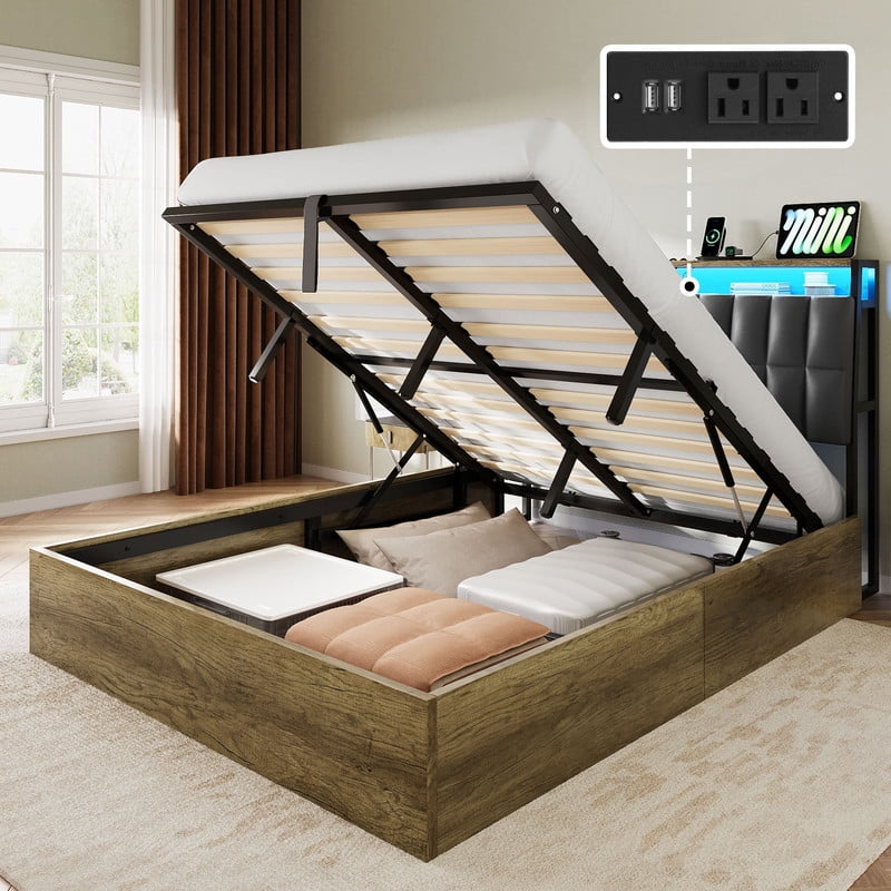 Uforic Full Size Lift Up LED Bed Frame with Charging Station ...