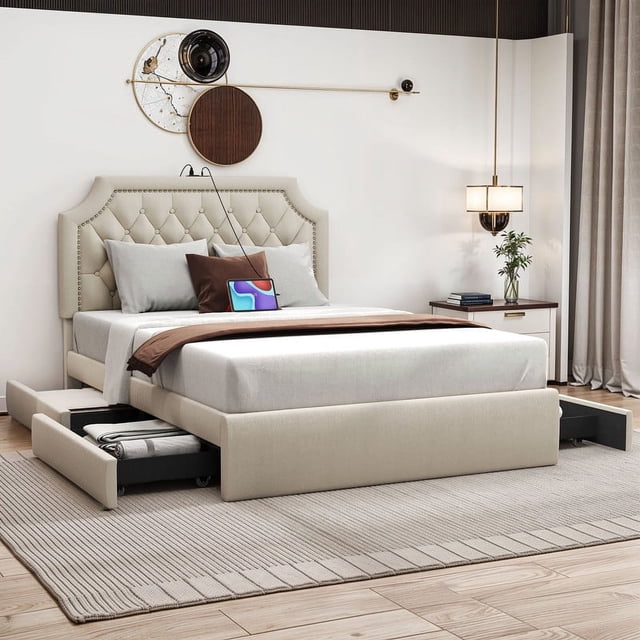 Uforic Full Size Upholstered Platform Bed Frame with Storage Drawers ...