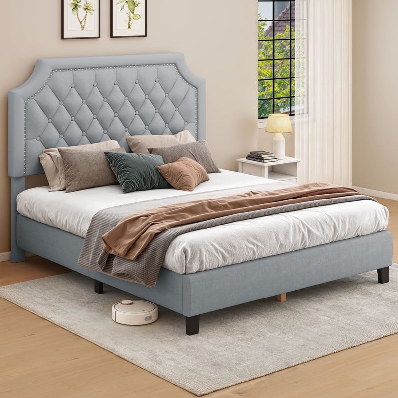 Uforic Full Tufted Bed Frame with Adjustable Headboard, Velvet