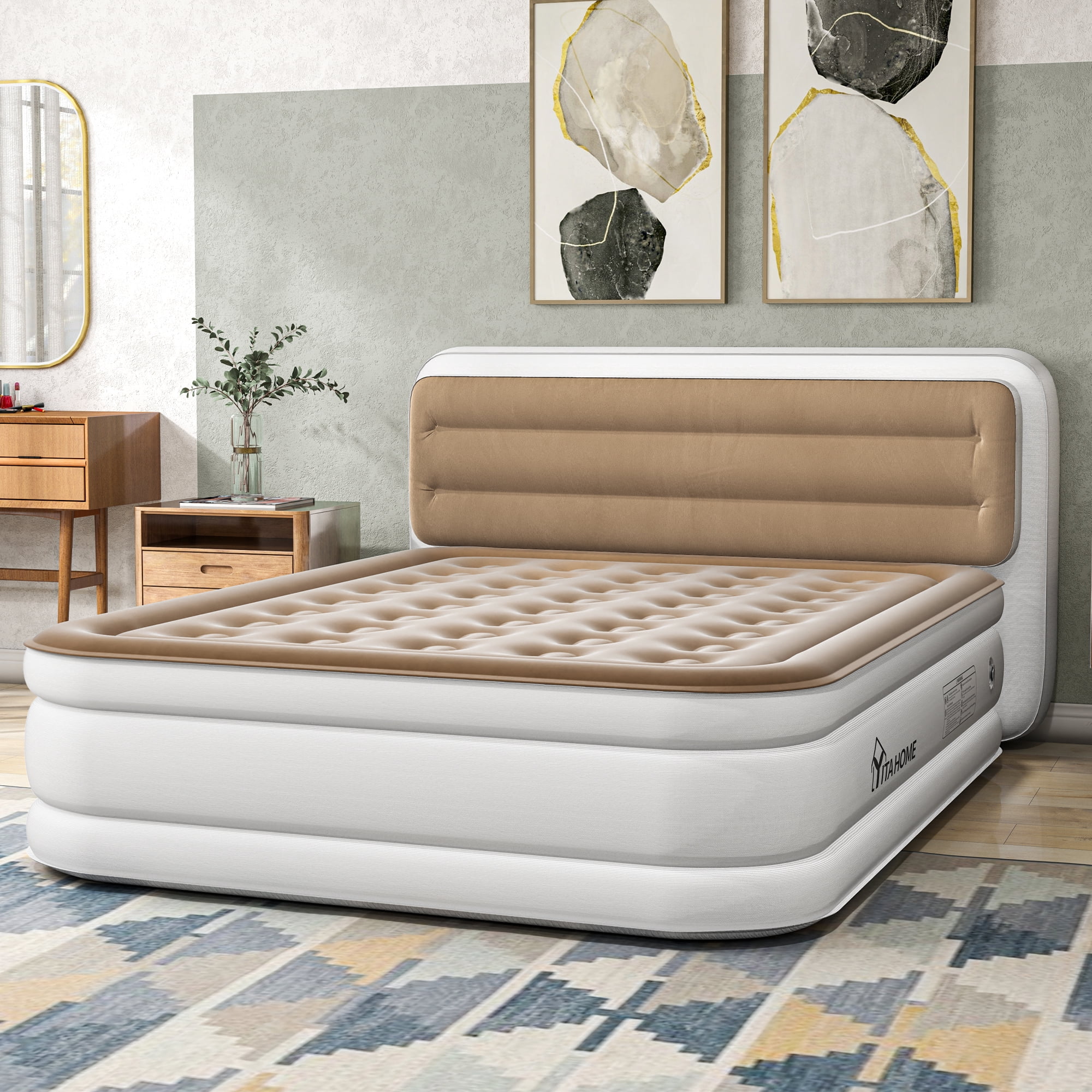 Uforic 18 Inch Queen Air Mattress with Pump and Banded Headboard Durable Inflatable Bed with Flocked Top Blow Up Mattress for Home Camping and Guests Brown