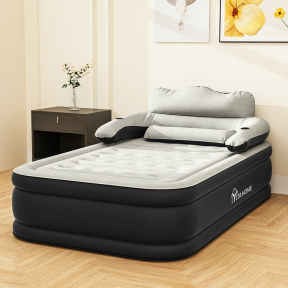 Uforic FullXL Air Bed featuring Headboard, 18in Inflatable Mattress with Pillow, Portable Electric Pump, Black - Ideal Queen Air Mattress for Camping & Home Use