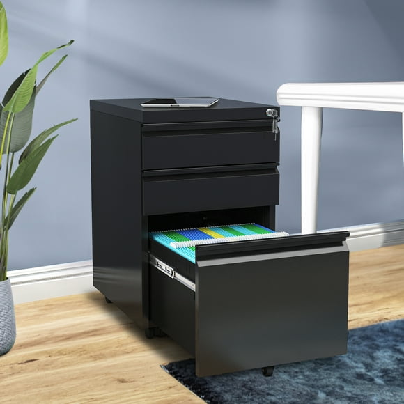 Uforic Fully Assembled 3-Drawer Lockable File Cabinet for Letter/Legal/A4 Size, Mobile Filing Cabinet with Wheels, Black