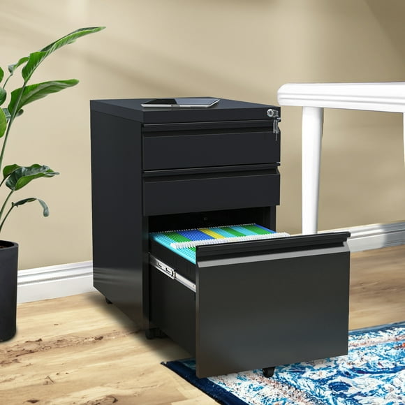 Uforic Fully Assembled 3-Drawer Lockable File Cabinet for Letter/Legal/A4 Size, Mobile Filing Cabinet with Wheels, Black