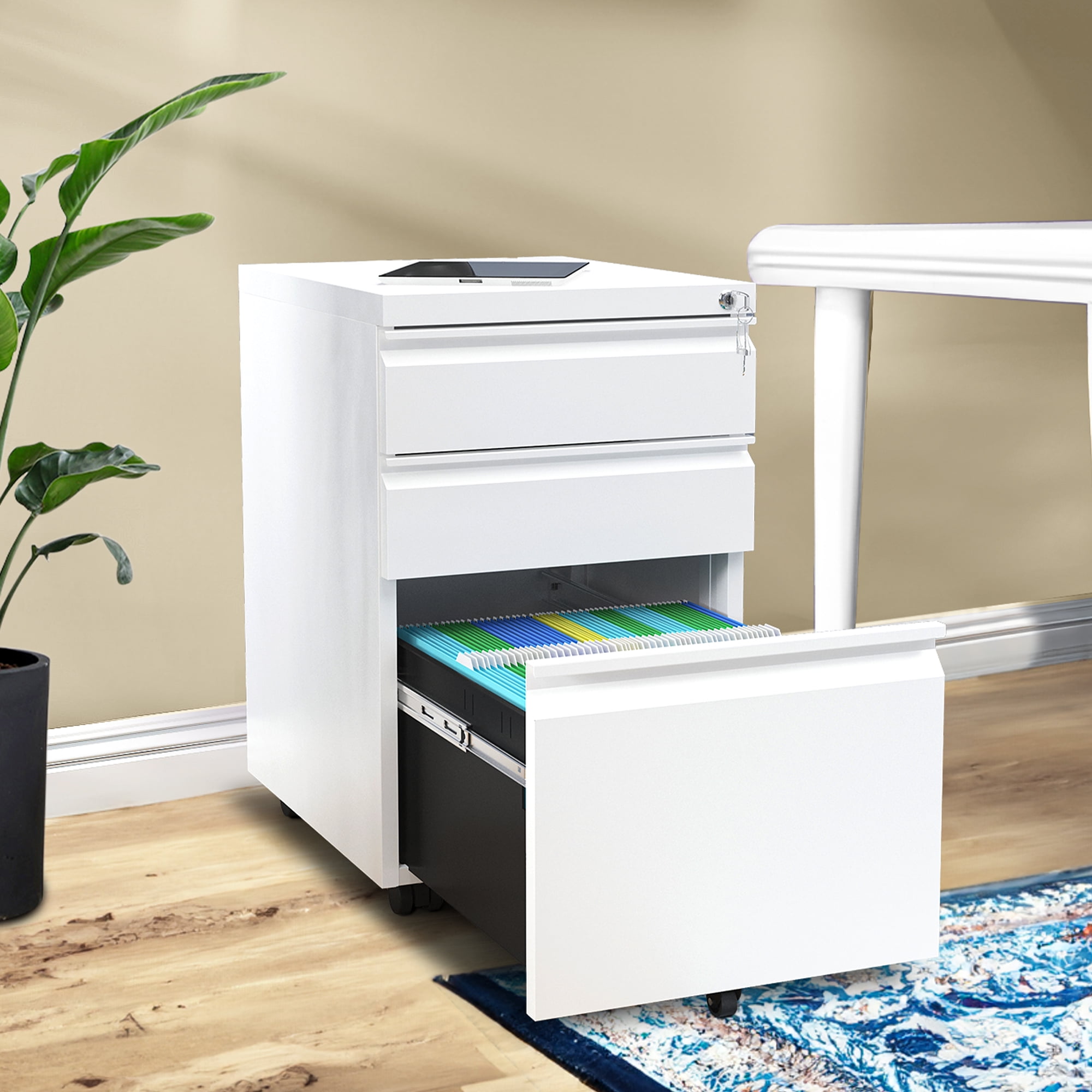 Uforic 3 Drawer Lockable Rolling File Cabinet Assembled Office Storage for Letter Legal A4 White 18 inch