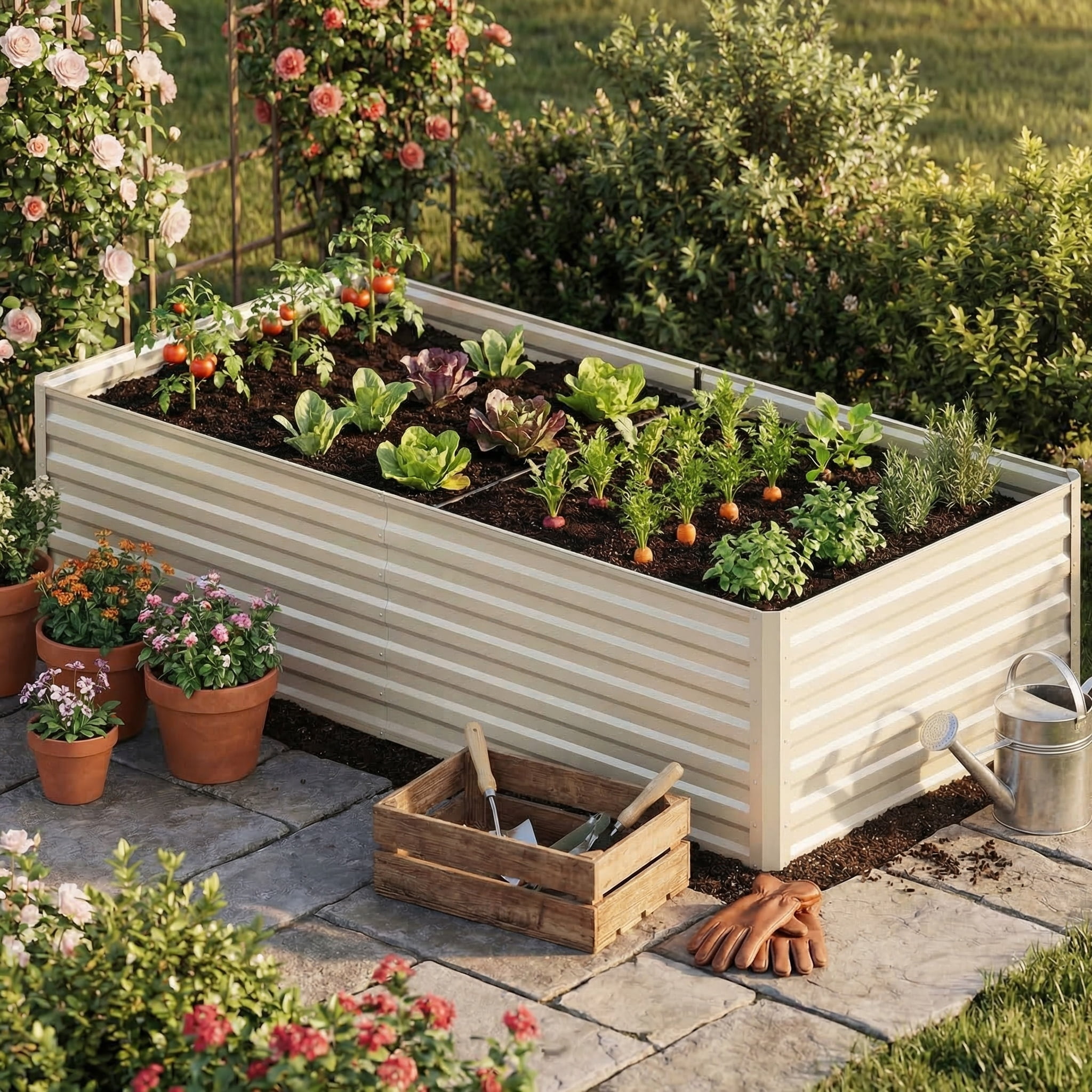 Uforic Galvanized Raised Garden Bed Kit, Metal Planter Box with Gloves, Metal Raised Garden Beds for Vegetables,Outdoor,Cream,6x3x2ft