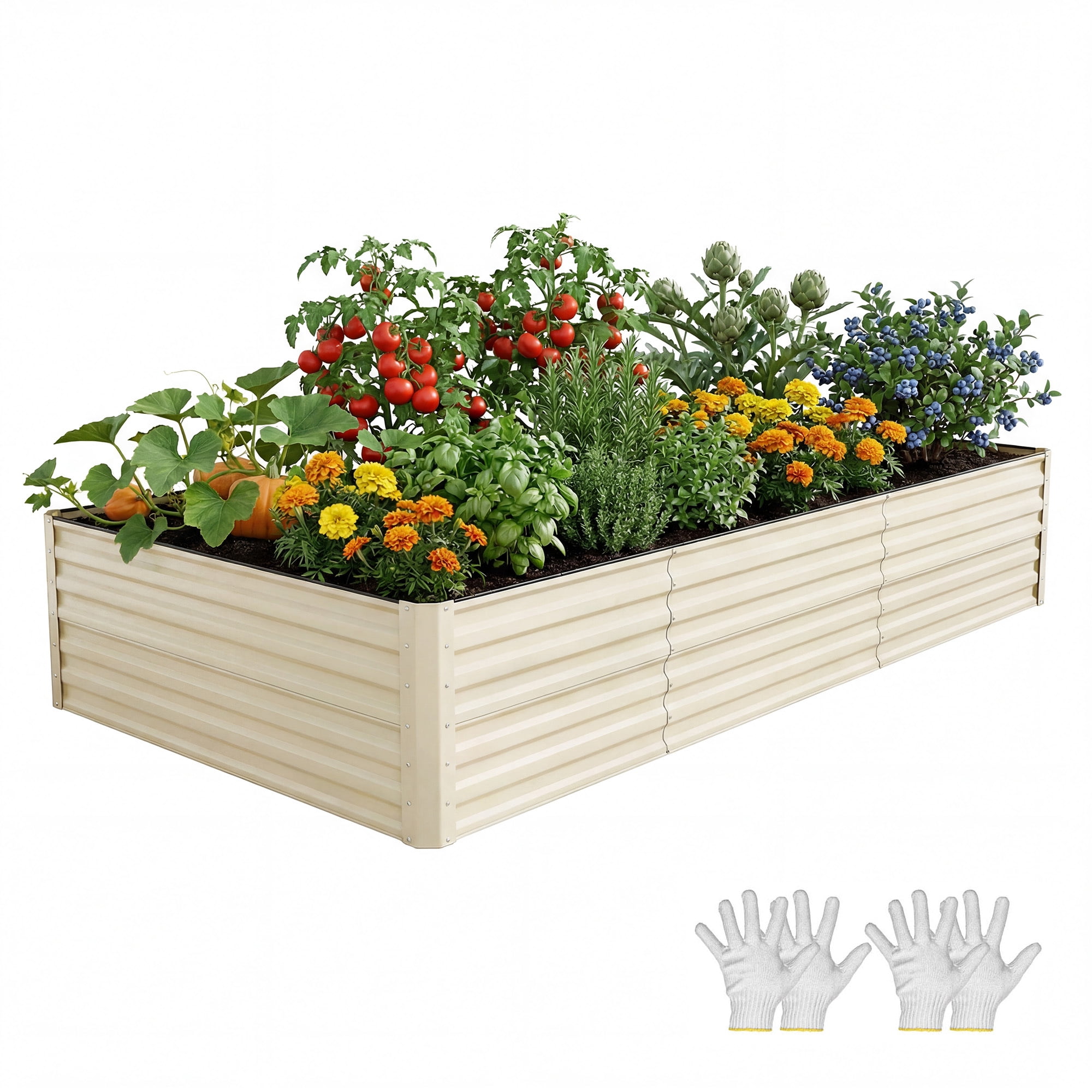 Uforic Galvanized Raised Garden Bed Kit, Metal Planter Box with Gloves, Metal Raised Garden Beds for Vegetables,Cream,8x4x2ft