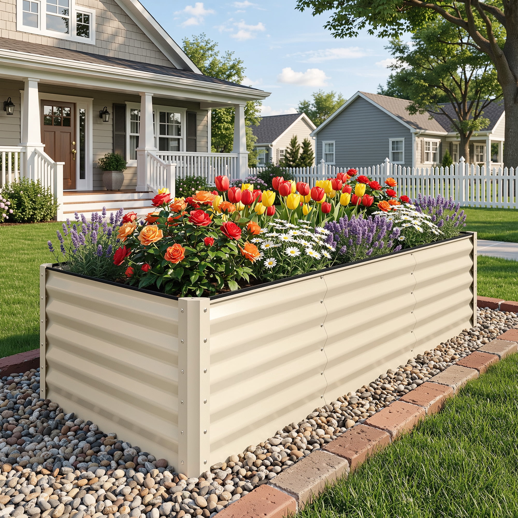 Uforic Galvanized Raised Garden Bed Kit, Metal Planter Box with Gloves, Metal Raised Garden Beds for Vegetables,Cream,8x4x3ft