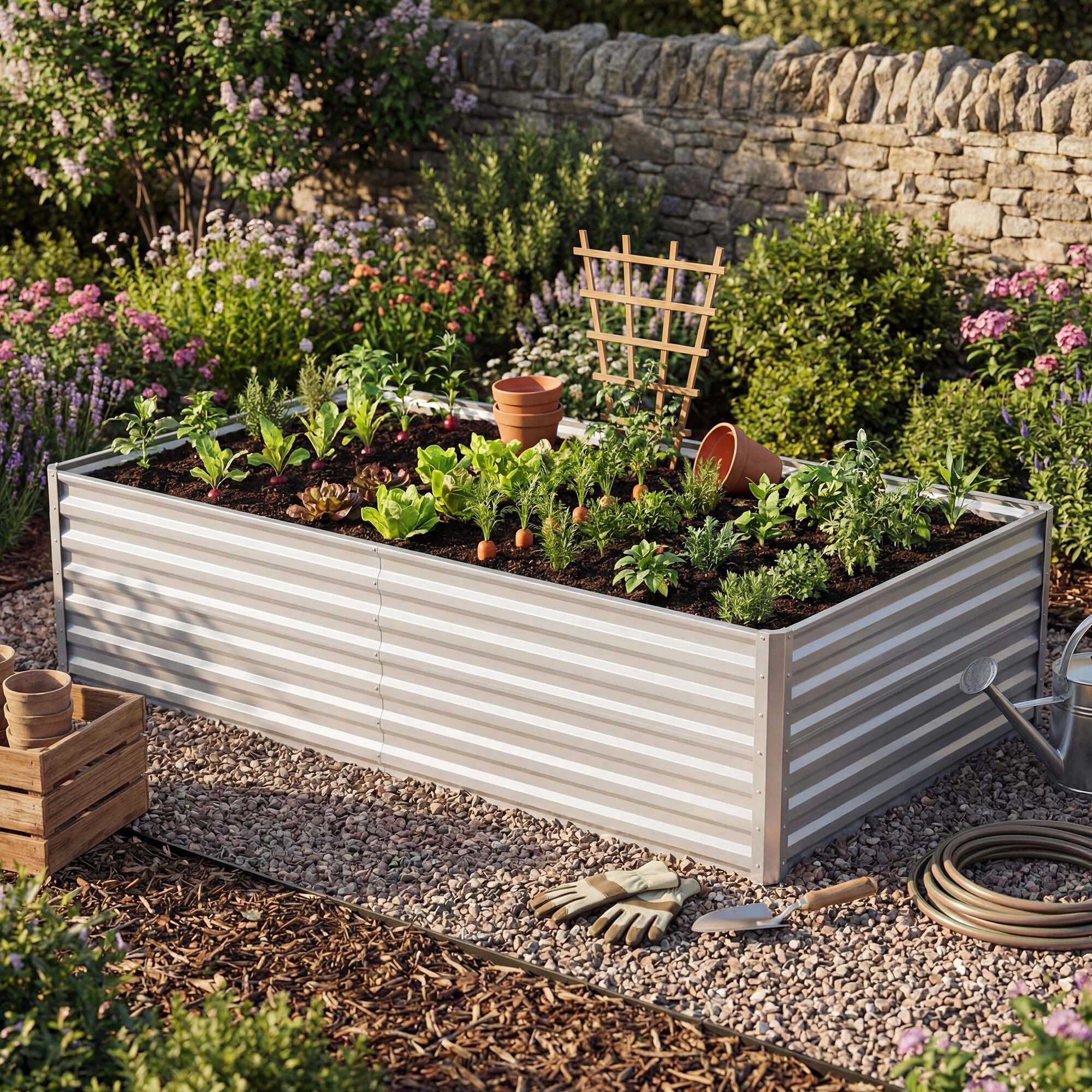 Uforic Galvanized Raised Garden Bed Kit, Metal Planter Box with Gloves, Metal Raised Garden Beds for Vegetables,Silver,6x3x2ft