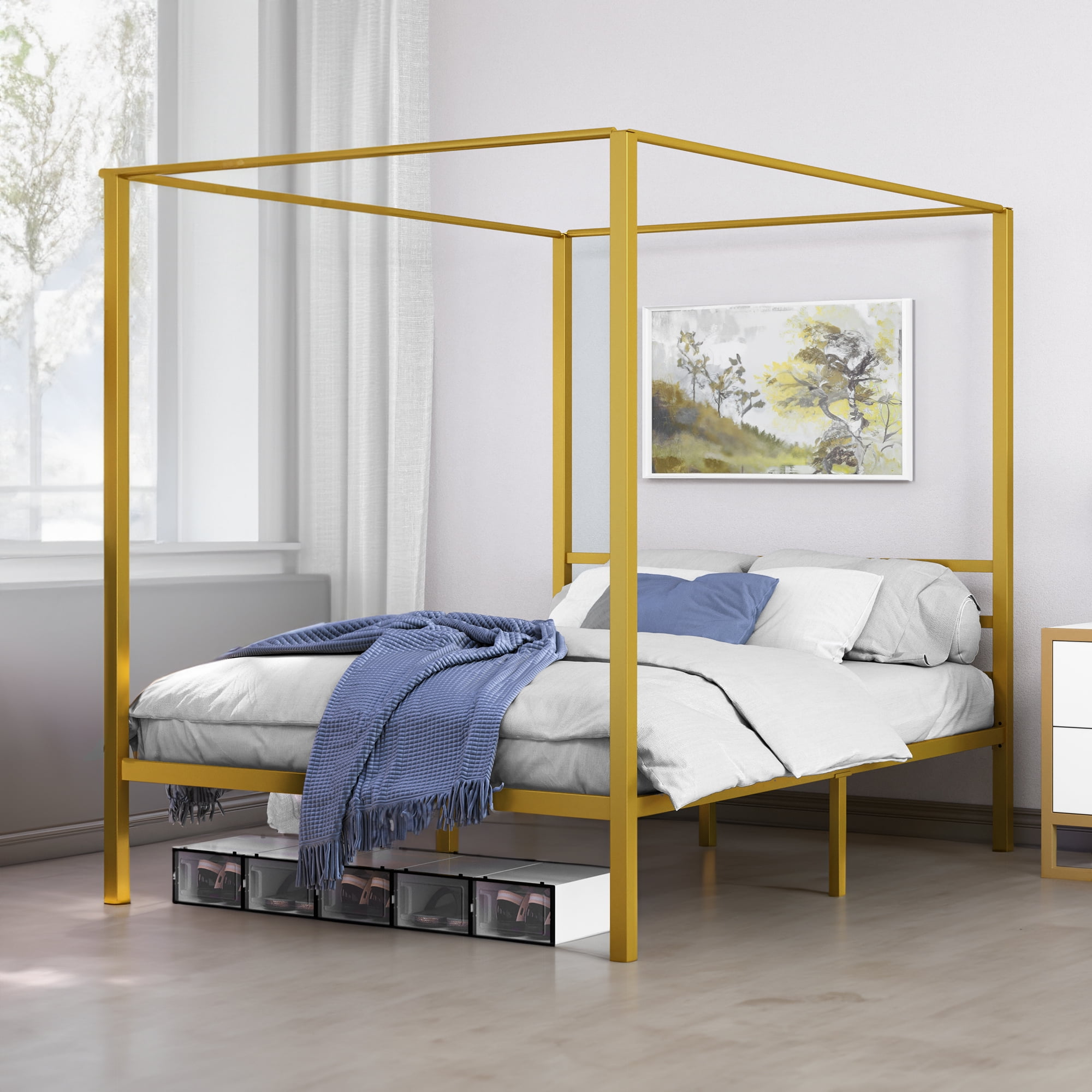 Uforic 4 Poster 14 inch Queen Size Gold Metal Canopy Bed Frame with Headboard Requires No Box Spring