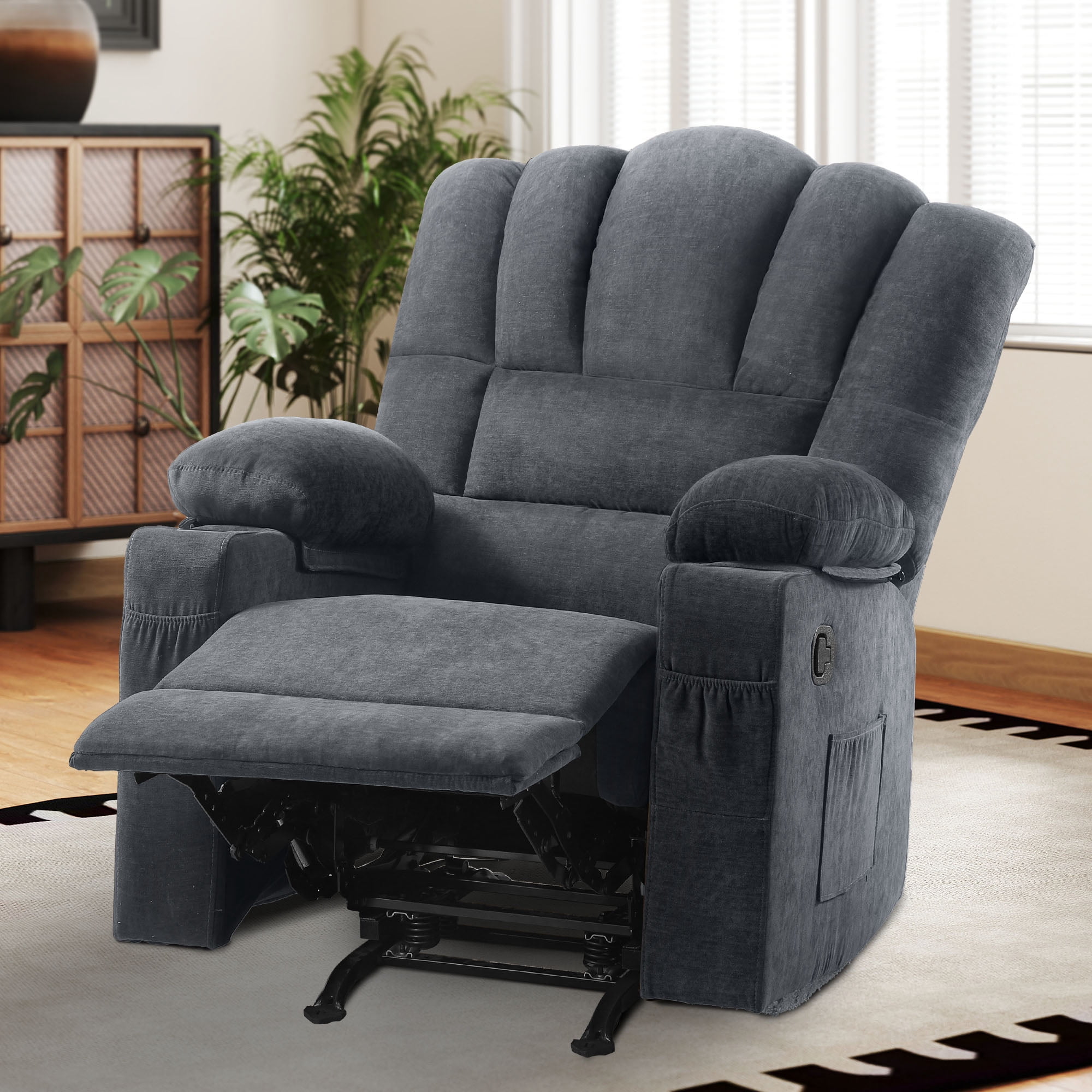 Uforic Gray Fabric Recliner Chair with Massage and Heat, Glider Rocker Recliner Chair, Manual Rocking Chair with 2 Integrated Cup Holders, USB Charging Port, and Handy Side Pocket