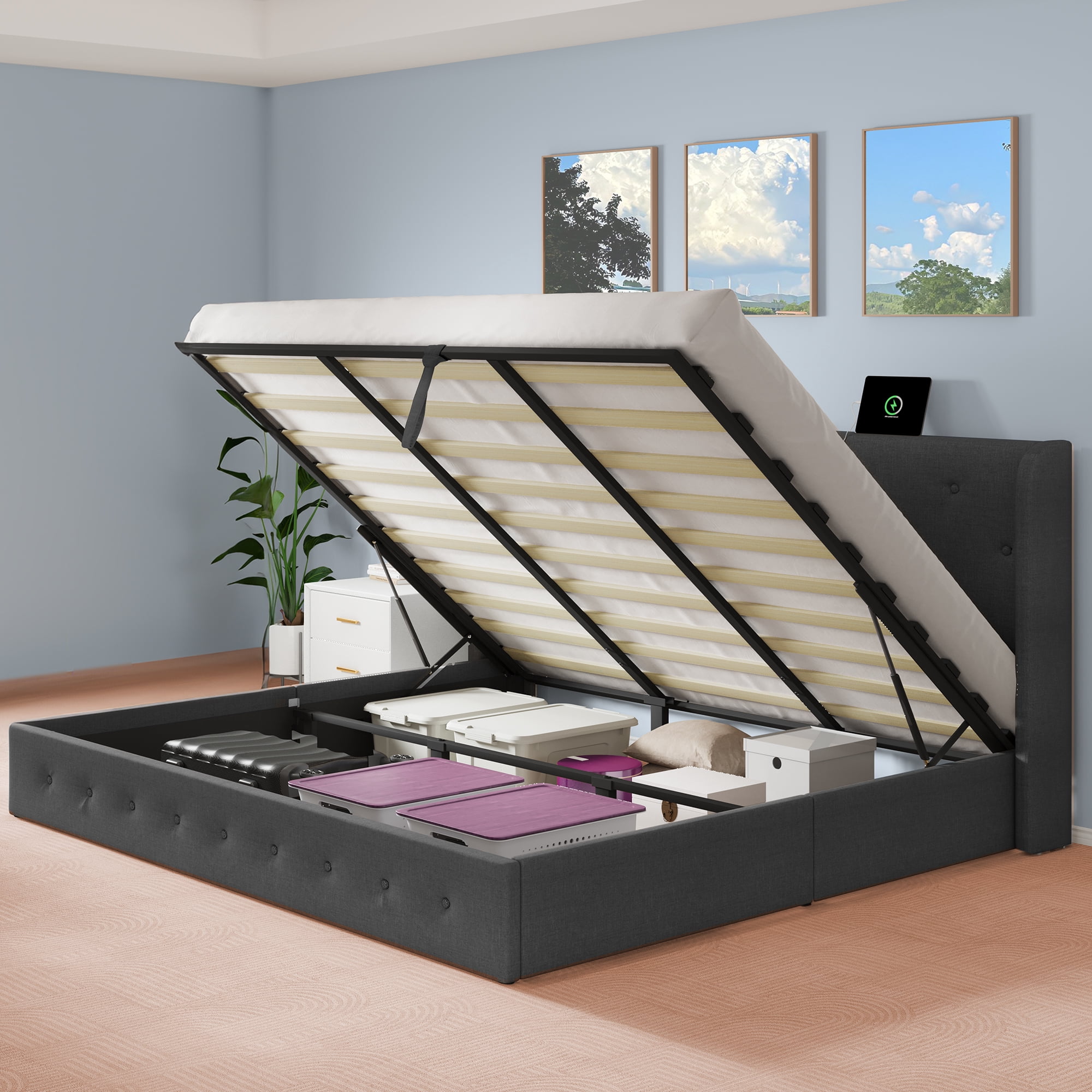 Uforic Gray King Size Lift Storage Bed: Upholstered Frame with Power ...