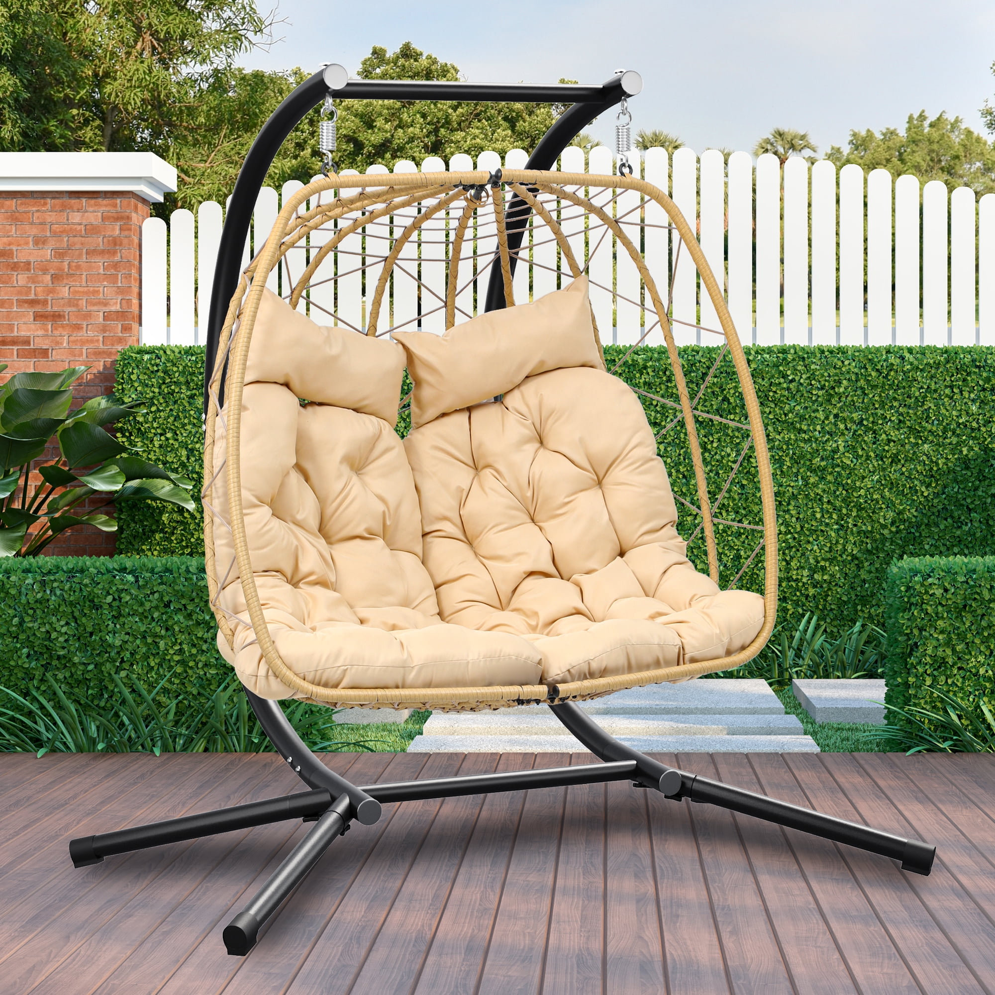 Uforic Hanging Egg Chair Swing Chair with Stand Double Egg Chair 2 Person Wicker Chair Indoor Outdoor Hammock Egg Chair with Cushions 500lbs for Patio, Bedroom, Garden and Balcony, Beige