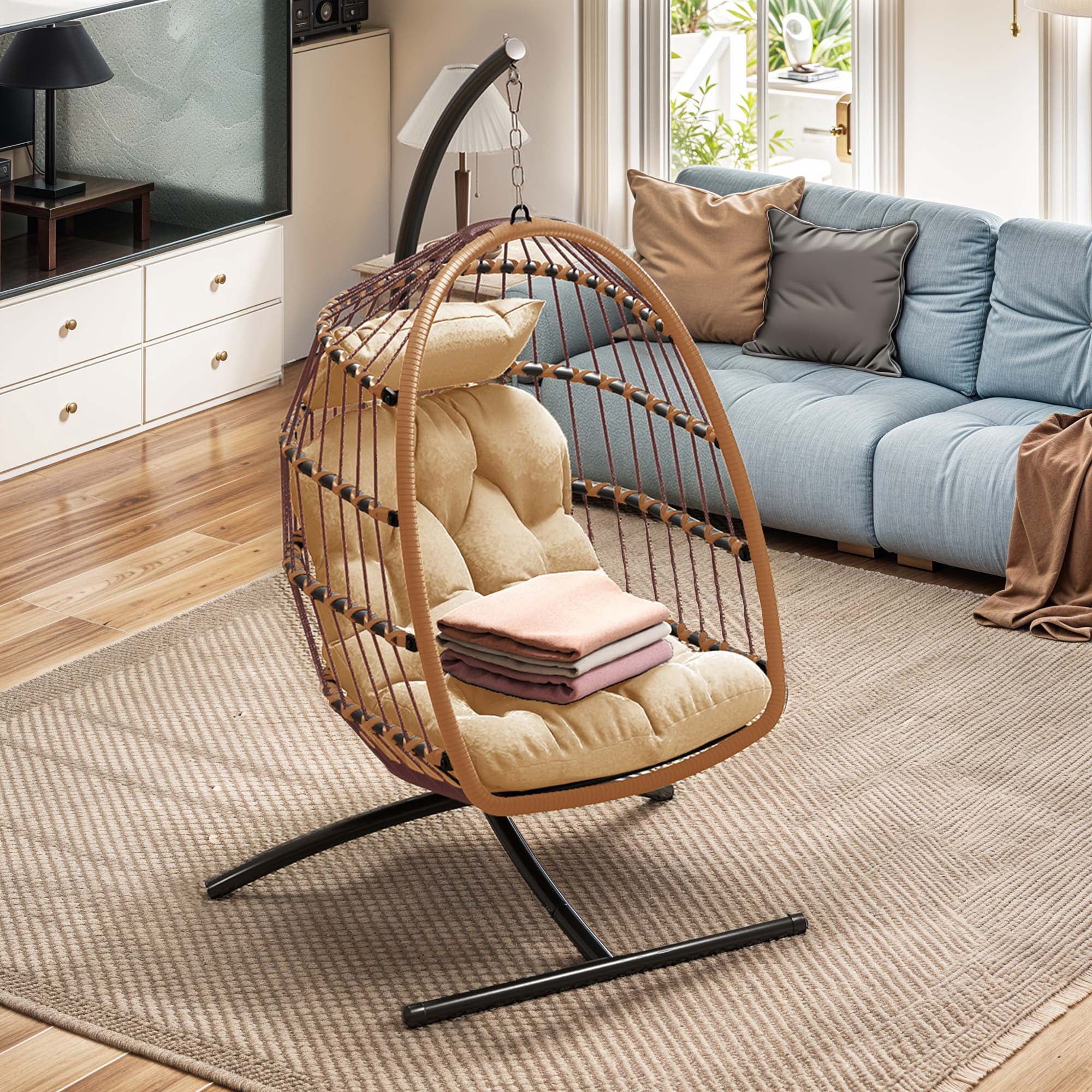 Uforic Hanging Egg Chair with Stand & Cushion, Swing Design, 330 Lbs for Indoor/Outdoor, Brown