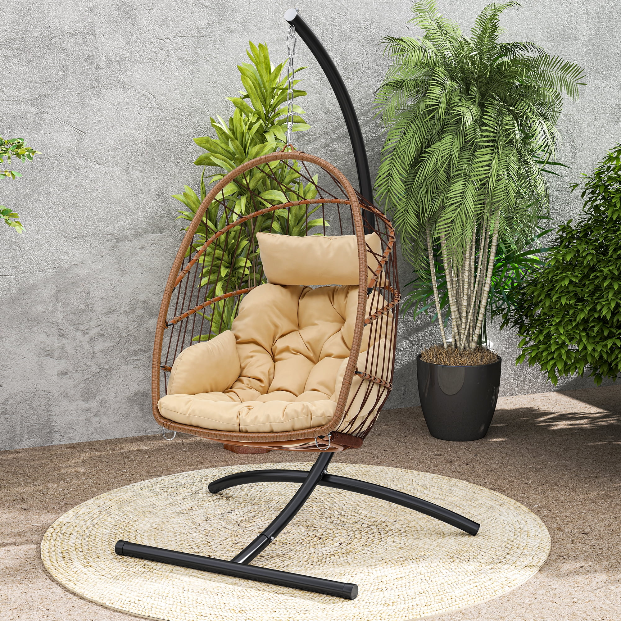 Uforic Hanging Egg Chair with Stand & Cushion, Swing Design, 330 Lbs for Indoor/Outdoor, Brown