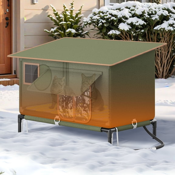 Uforic Heated Cat House with Heated Pad and Escape Door for Outdoor Waterproof Cat Shelter Insulated, Outdoor Cat House, Green, Large