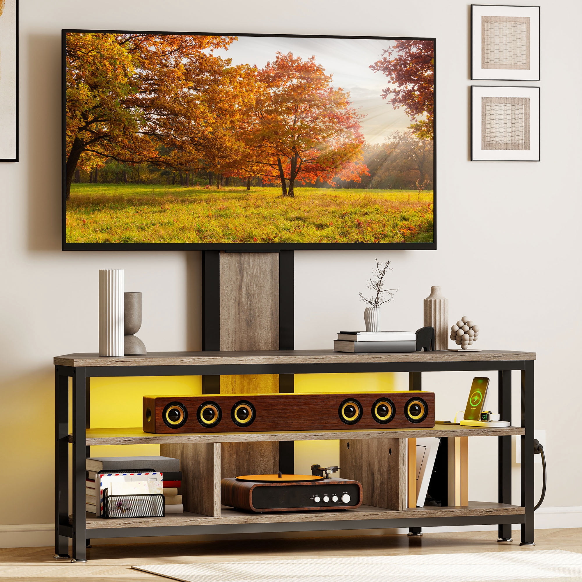 Uforic Height Adjustable TV Stand Mount with Power Outlet with LED Lights for TVs up to 70 inches, Gray