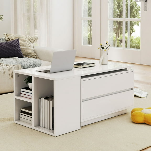 Uforic High Gloss Extendable Coffee Table with LED Lights& Storage Drawers for Living Room, White