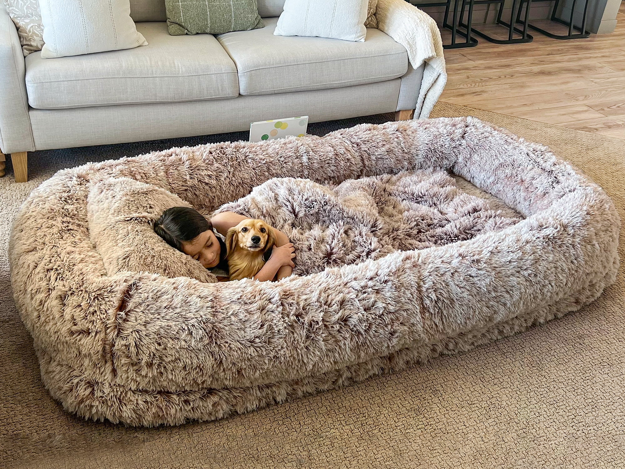 Uforic Oversized 79"x43" Human Dog Bed with Memory Foam, Pillow & Blanket, Washable Dark Brown Fur Cover