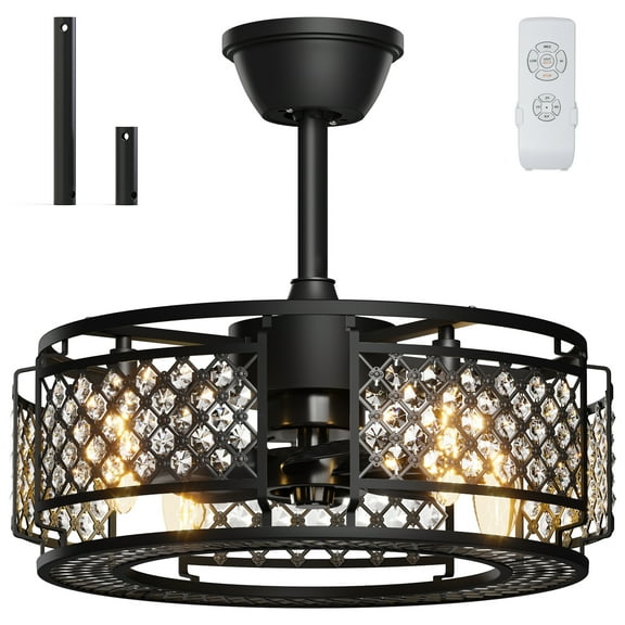 Uforic Industrial Ceiling Fan with Remote, Indoor Crystal Chandelier Fan for Living Room, Black