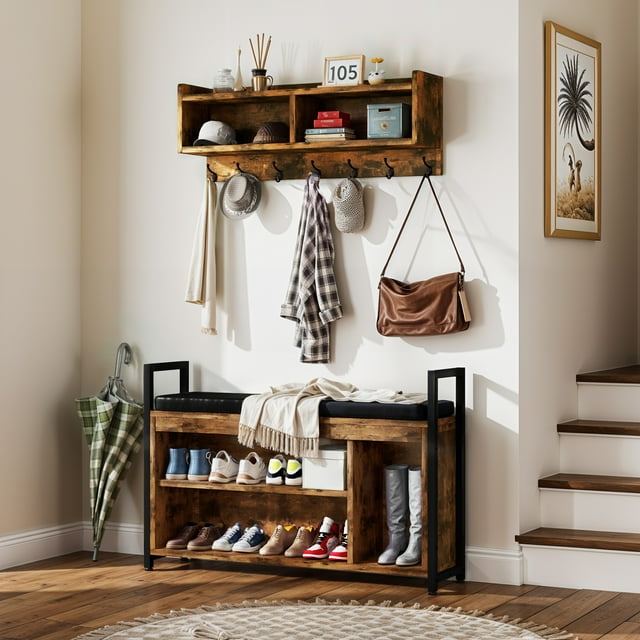 Uforic Industrial Hall Tree with Coat Rack and Shoe Bench, Entryway Storage Set, Rustic Brown