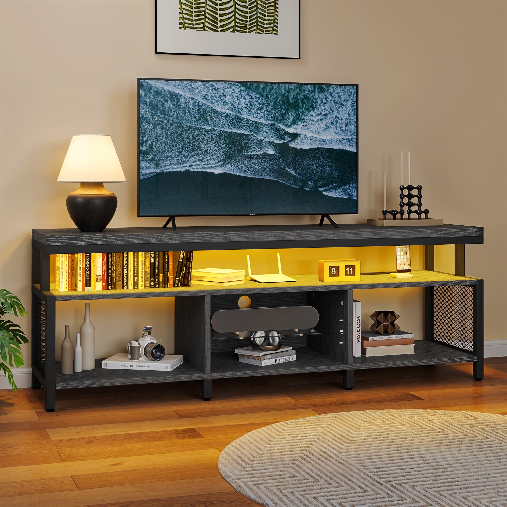 Uforic Industrial LED TV Stands for 55/60/65/70 inch w/Power Outlets, Entertainment Center TV Cabinet for Living Room, Black