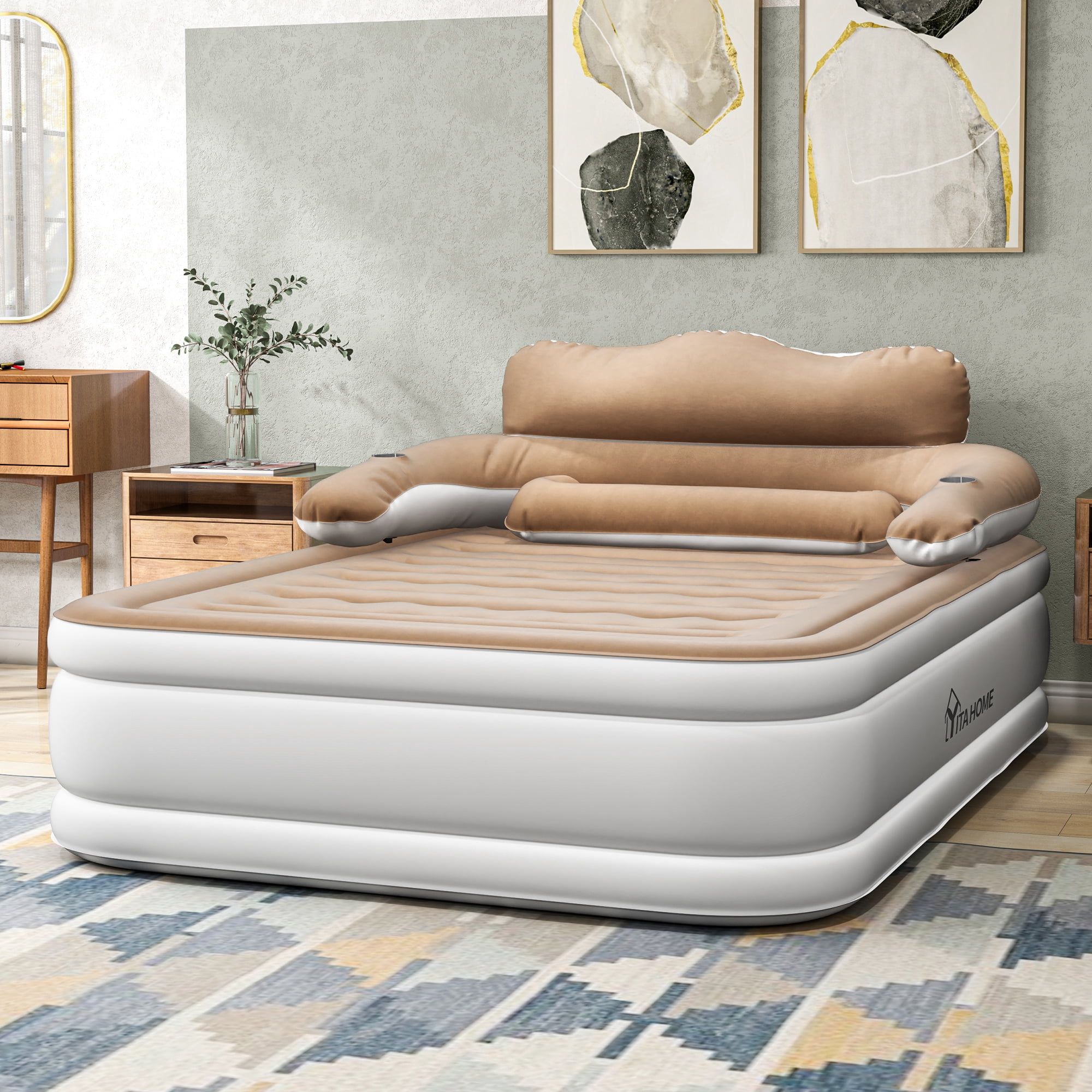 Uforic Inflatable Queen Air Bed, 18" Thick Mattress with Headboard, Built-in Pillow and Electric Air Pump, Brown, Indoor Outdoor Use