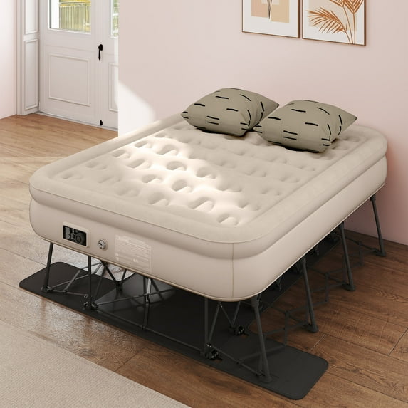 Uforic Inflatable Queen Air Mattress with Built-in Pump, Frame, Velvet Surface & Portable Storage Case, Khaki