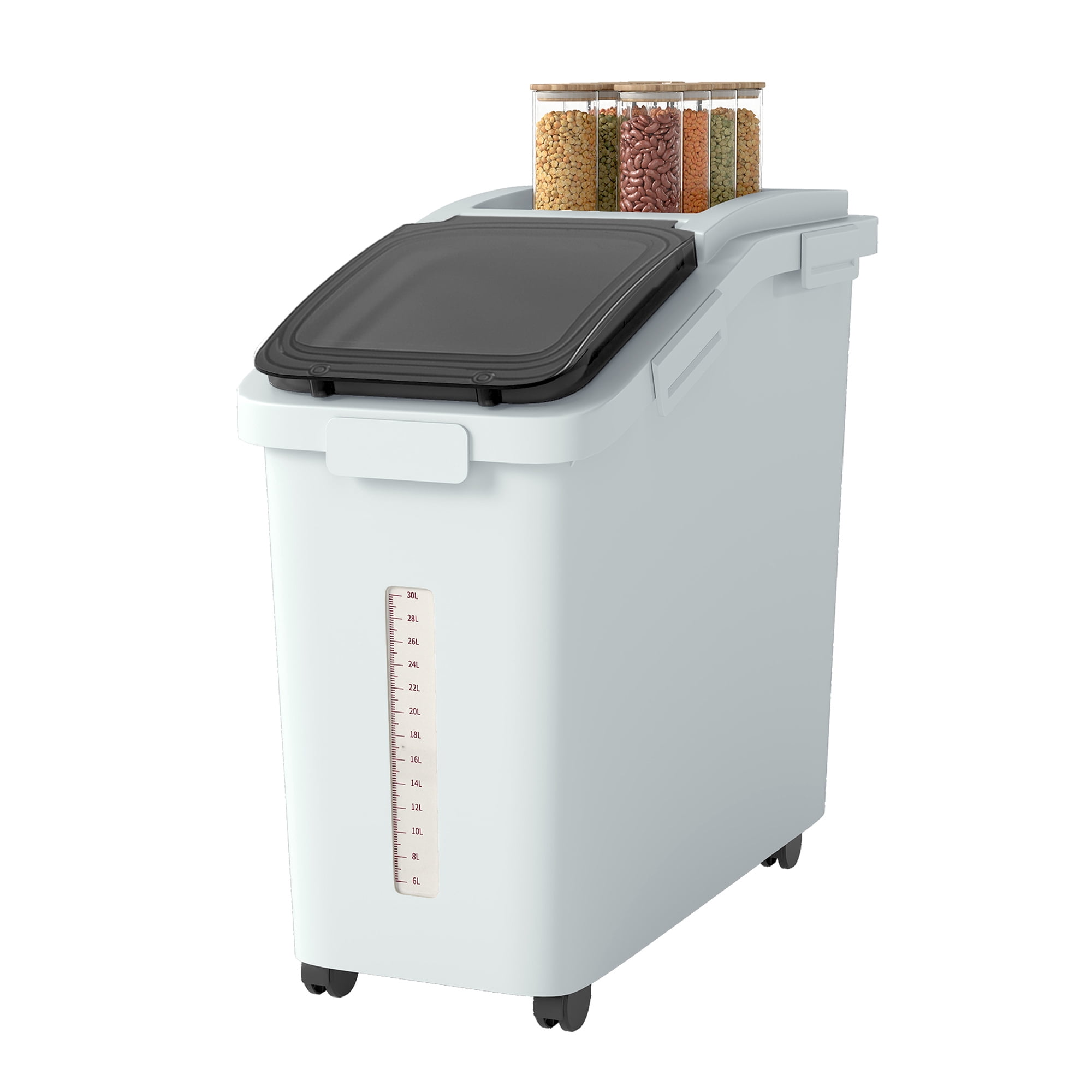 Uforic Ingredient Storage Bin, Large Commercial Rice Container with 11.4 Gallon Capacity, Bulk Flour Bin with Wheels, Scoop, Lid, and Scale for Kitchen, Grey