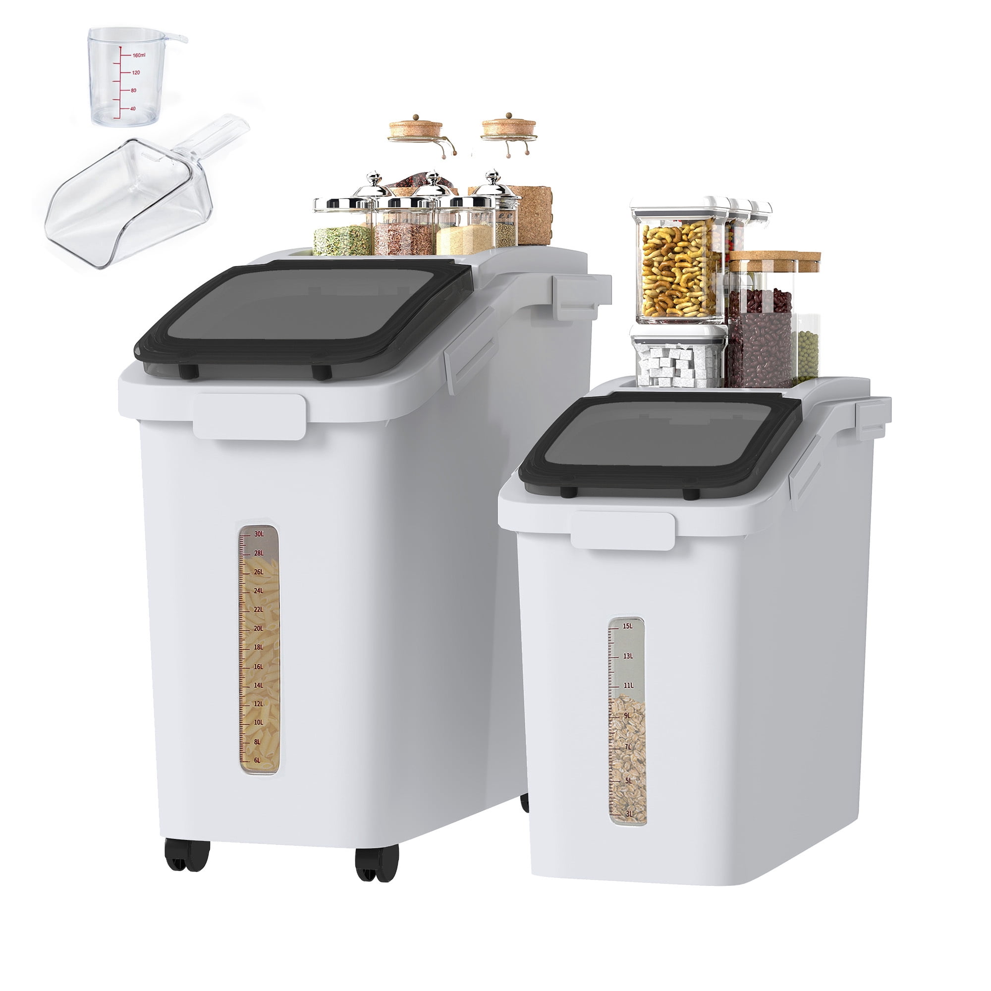 Uforic Ingredient Storage Bin with Measuring Cup & Scoop, Rice Storage Container Set of 2, 11.4 & 5.8 Gal Organizer Storage Bin, Large Flour Storage Container with Wheels, for Kitchen, White & Black