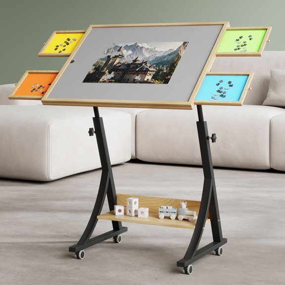 Uforic Jigsaw Puzzle Table with 4 Drawer, Legs and Wheels, Adjustable Up Level Mesa Gamer Tables