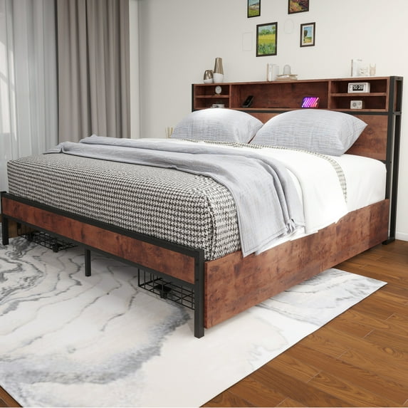Uforic King Bed Frame, Metal Platform, Headboard, 4 Storage Drawers, Charging Station, Suitable for Adults, Brown