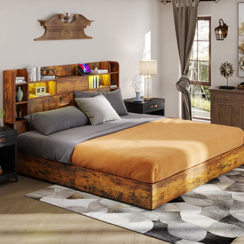 Uforic King Bed Frame With Bookcase Headboard & LED Lights, Storage Bed with Power Outlets & 4 Drawers, Rustic Brown