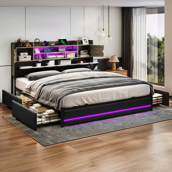 Uforic King Bed Frame with Storage Bookcase, Upholstered Bed with Charging Station and Drawers, Easy Assembly, Black