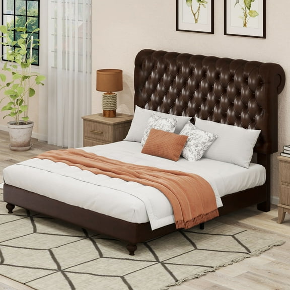 Uforic King Platform Bed Frame with Tufted Headboard, Upholstered PU Leather Bed Frame, Brown
