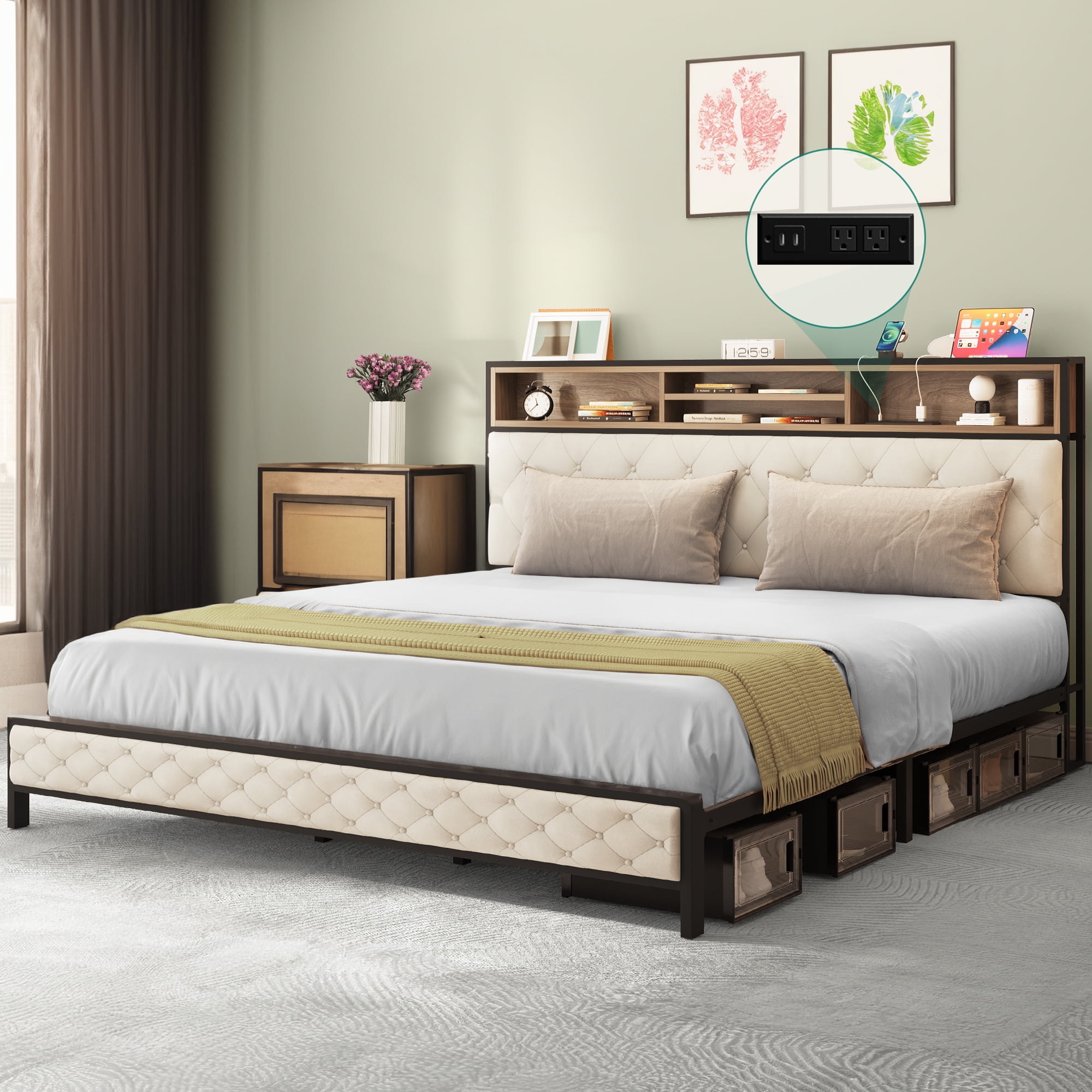 Uforic King Platform Bed Frame with Charging Station, Upholstered Headboard & Footboard, Storage Function, Requires No Box Spring for Adult
