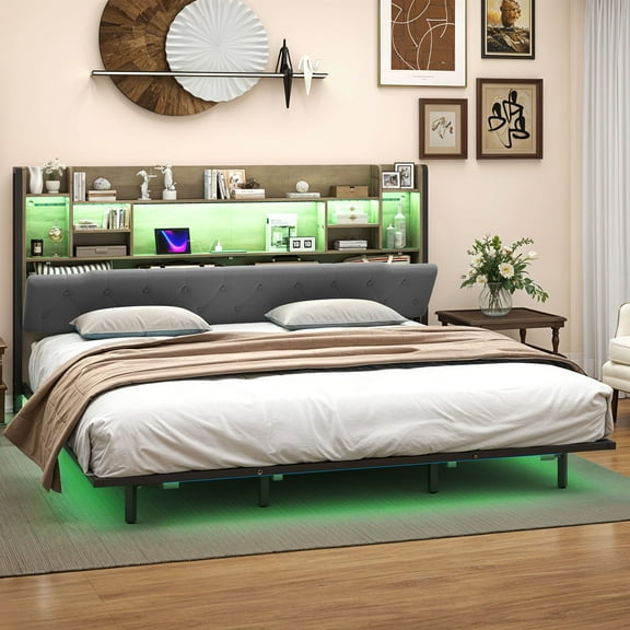Uforic - King Size Bed Frame Storage Headboard Include Smart LED Lights, Plug In Port, Easy Assembly Gray