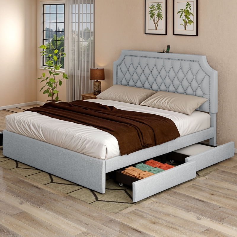 Uforic King Size Bed Frame, Upholstered Bed Frame with Storage Drawers & Adjustable Headboard, Beige