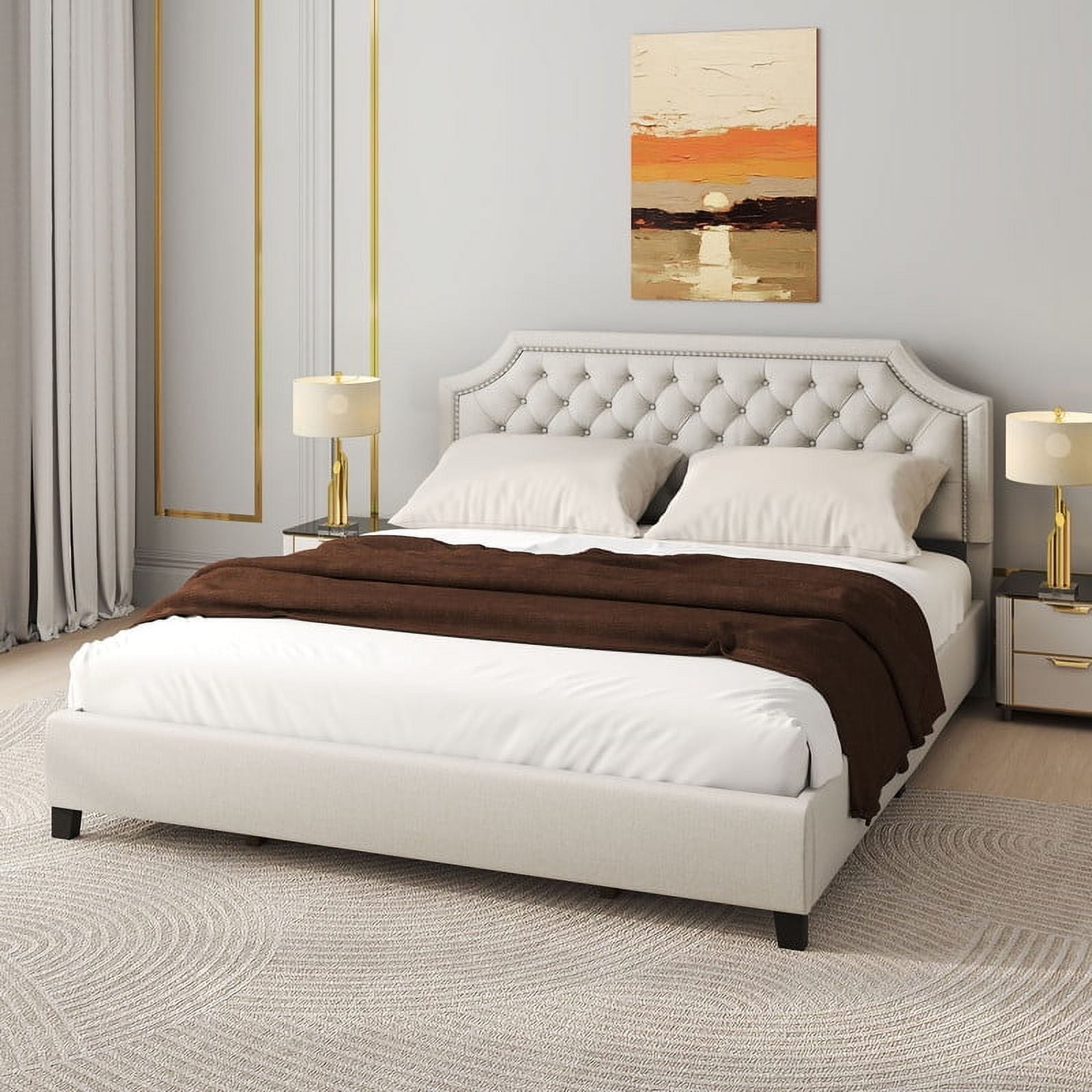 Uforic King Size Bed Frame with Adjustable Headboard, Upholstered Tufted Platform Bed, Easy Assembly, Adult and Teen, Beige