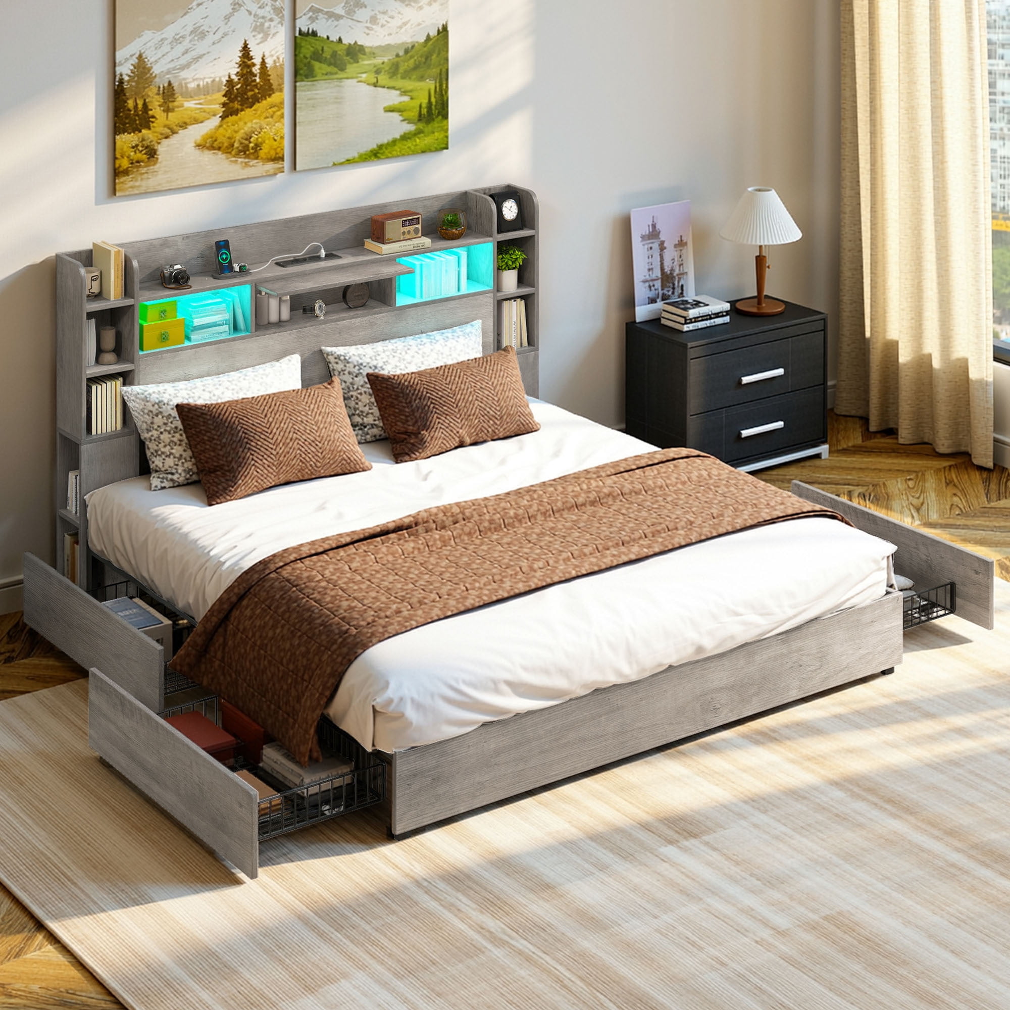 Uforic King Size Bed Frame with Bookcase Headboard, 4 Storage Drawers & RGB LED Lights (Grey, No Box Spring Needed)