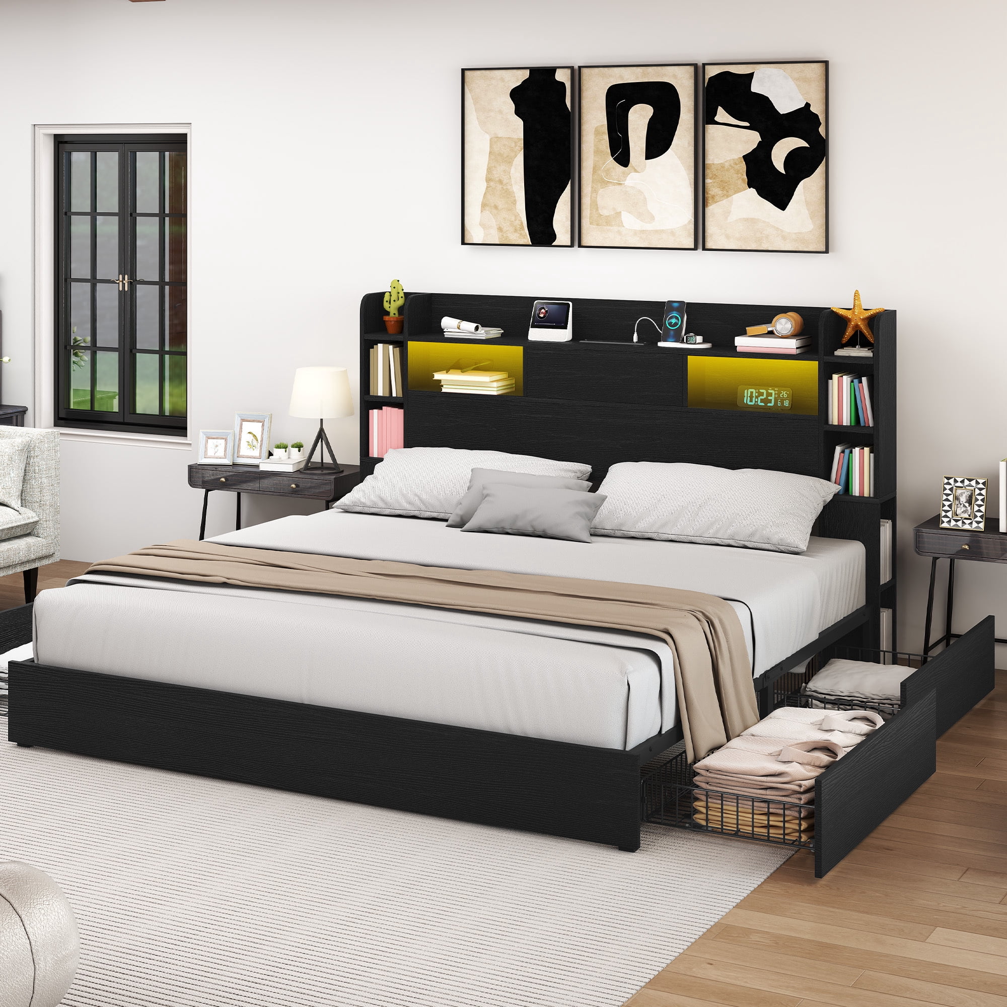 Uforic King Size Bed Frame with Charging Station & LED Lights, Storage Bed Frame with Drawers & Bookshelf headboard, Black