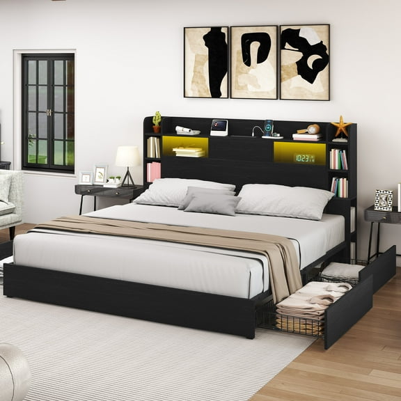 Uforic King Size Bed Frame with Charging Station & LED Lights, Storage Bed Frame with Drawers & Bookshelf headboard, Black