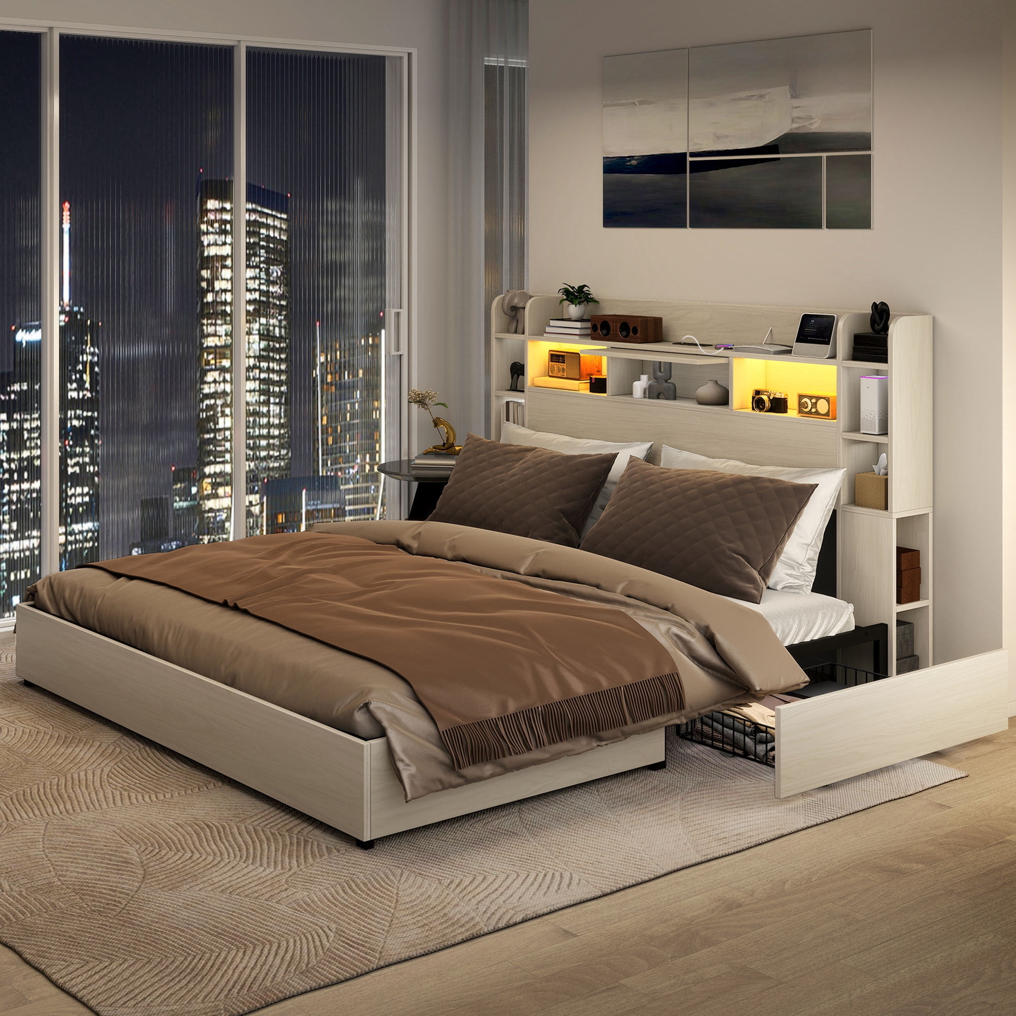Uforic King Size Bed Frame with LED Lights & Bookshelf Headboard, Platform Bed Frame with Charging Station & Drawers, White