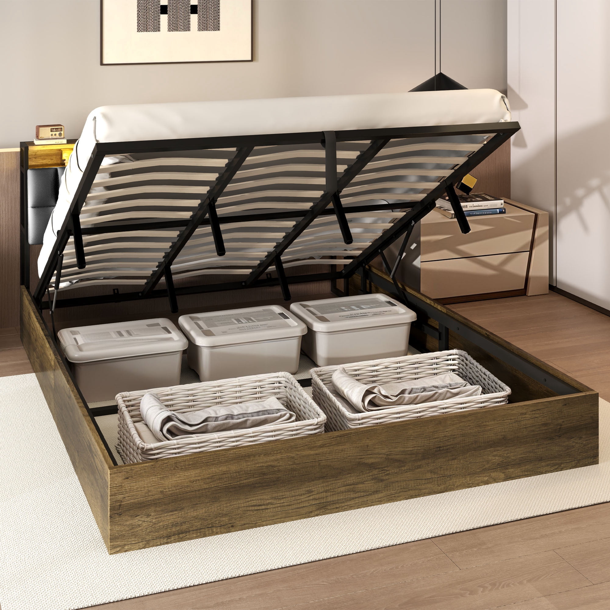 Uforic King Size Bed Frame with Lift Up Storage, Upholstered Bed Frame with Power Outlets & PU Headboard, Oak