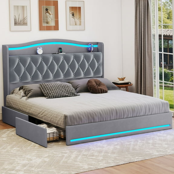 Uforic King Size Bed Frame with Power Outlets & LED Lights, Upholstered Storage Bed Frame with Drawers & Headboard, Gray