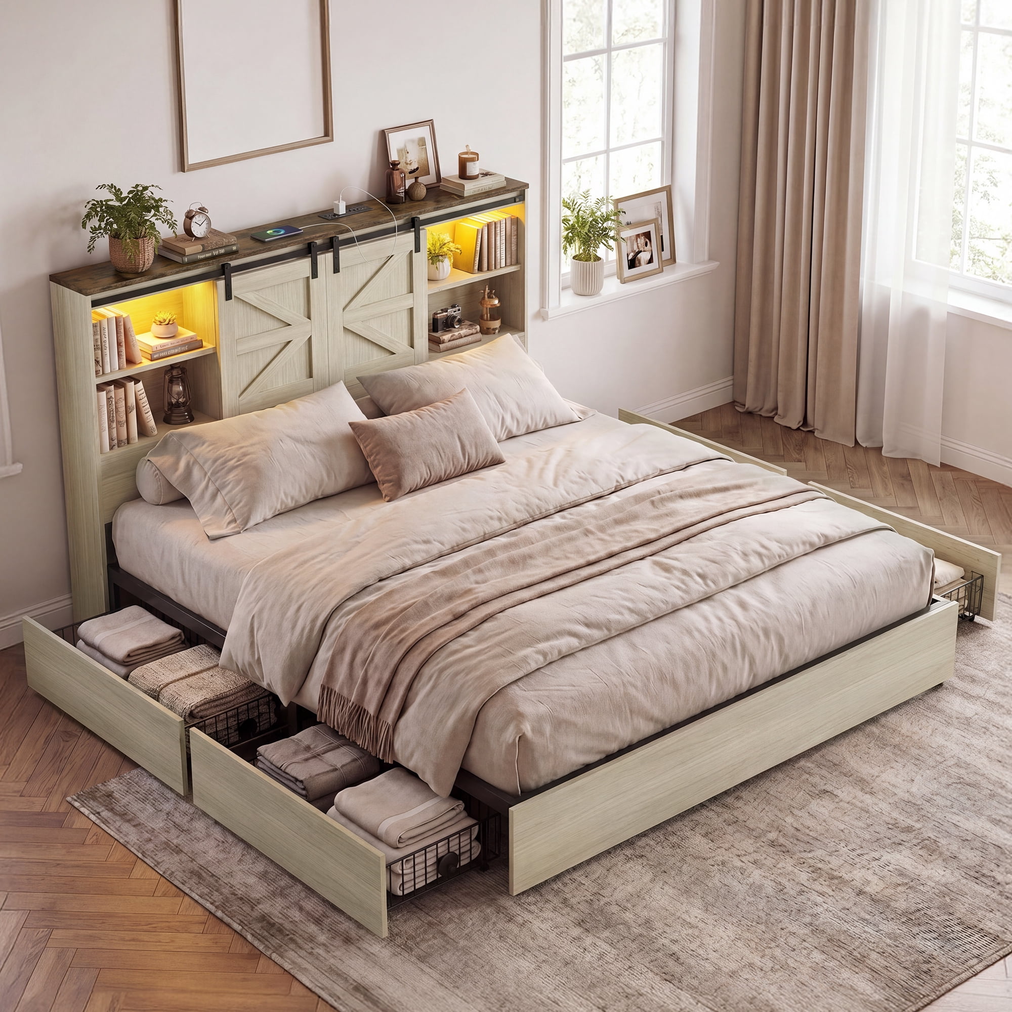 Uforic King Size Farmhouse Platform Bed Frame with Sliding Barn Door, 4 Wheeled Underbed Storage Drawers, No Box Spring Required, White