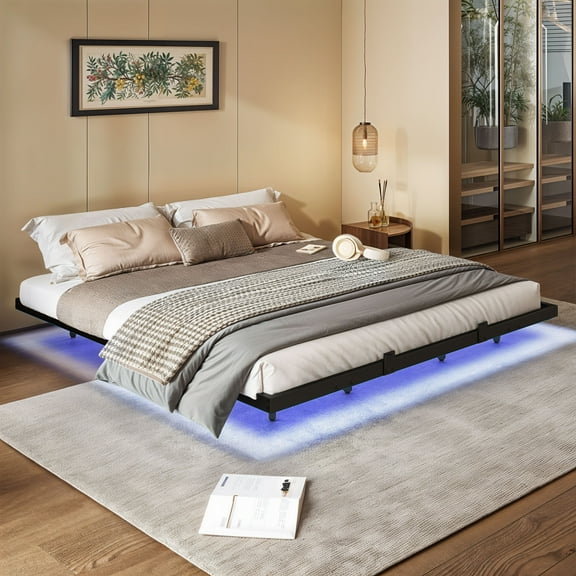 Uforic King Size Floating Bed Frame with LED Lights and Charging Station, Easy Assembly Heavy Duty Metal Platform Bed, No Box Spring Required (Black)