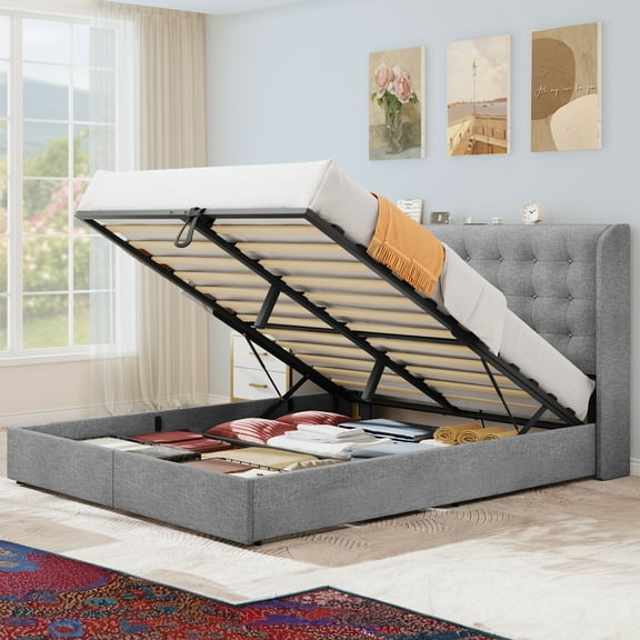 Uforic King Size Hydraulic Storage Bed Frame with Wingback Headboard, Charging Station and Drawers, Requires No Box Spring, Perfect for Adult