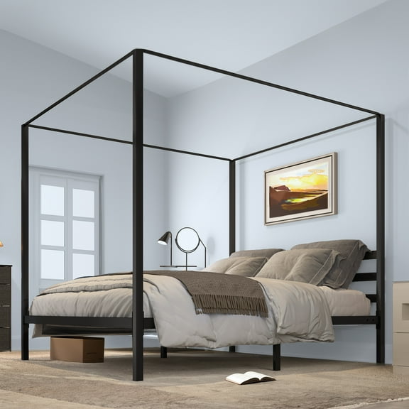 Uforic King Size 14-inch 4 Poster Metal Canopy Bed Frame with Headboard,Black
